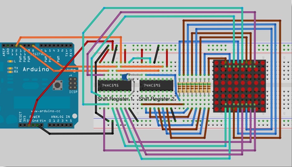 Arduino basic wiring diagram for 8x8 dot matrix display