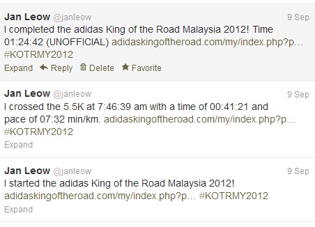 Adidas KOTR twitter tweets about my running time based on the electronic tag